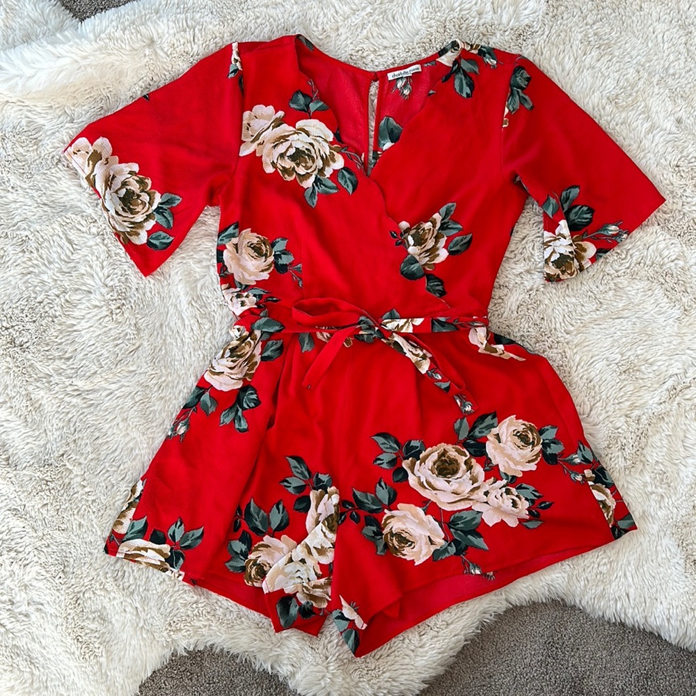 Red Floral Crepe Romper